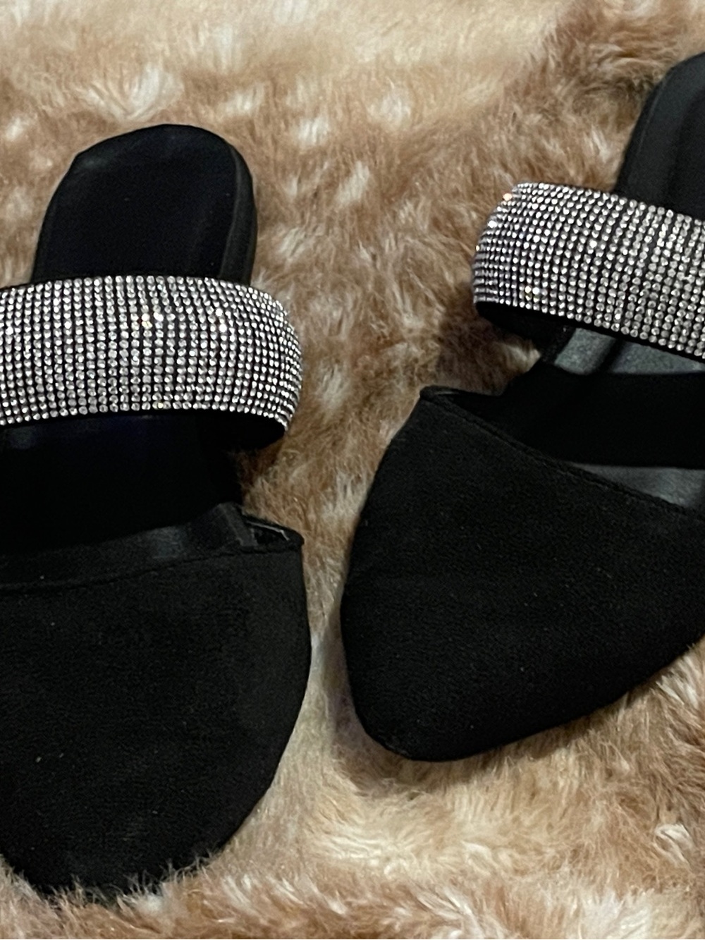 Black Rhinestone Strap Women's Slide Flats